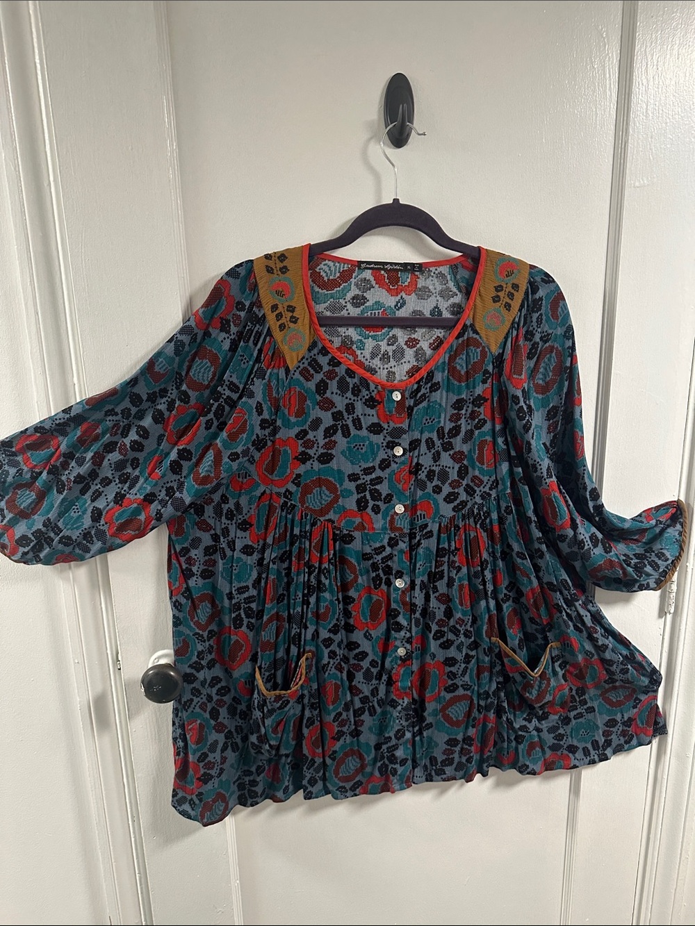 Gudrun Sjoden Teal and Rust Floral Button-Front Tunic